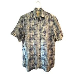 Tasso Elba  Mens Small  Blue Pattern Short Sleeve Button Up Silk Blend Pocket